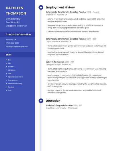 Behaviorally-Emotionally Disabled Teacher Resume