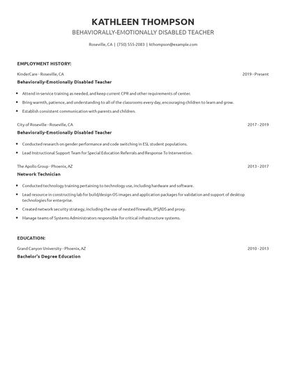 Behaviorally-Emotionally Disabled Teacher Resume
