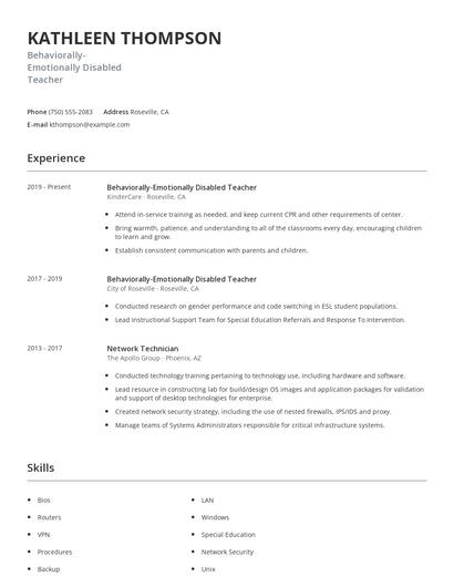 Behaviorally-Emotionally Disabled Teacher Resume