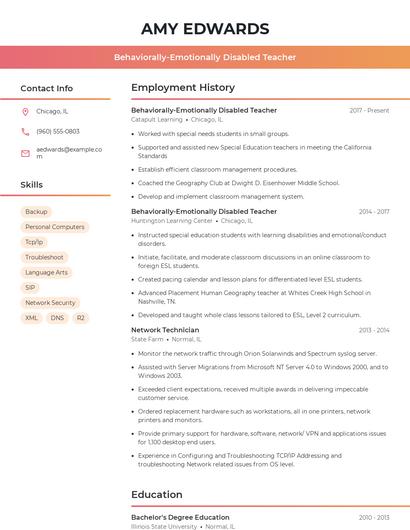 Behaviorally-Emotionally Disabled Teacher Resume