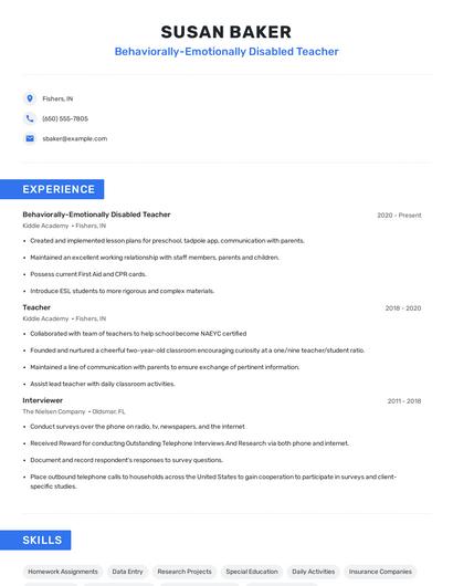 Behaviorally-Emotionally Disabled Teacher Resume