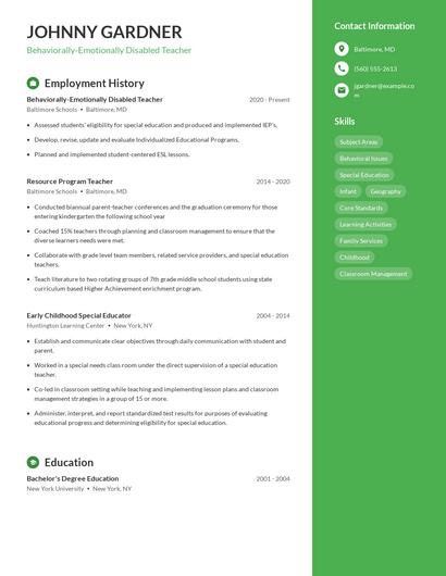 Behaviorally-Emotionally Disabled Teacher Resume