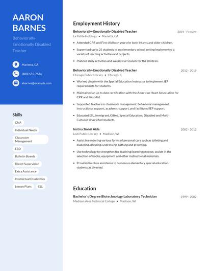 Behaviorally-Emotionally Disabled Teacher Resume