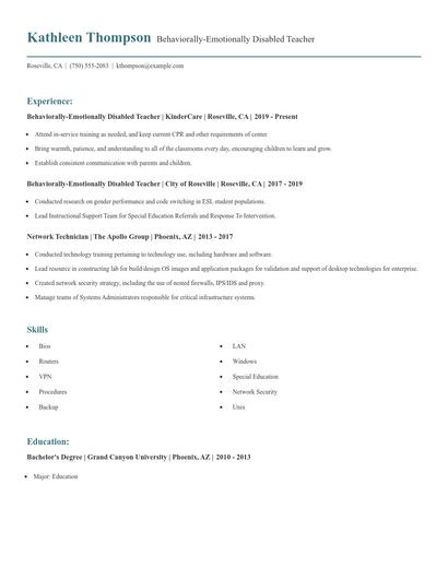 Behaviorally-Emotionally Disabled Teacher Resume