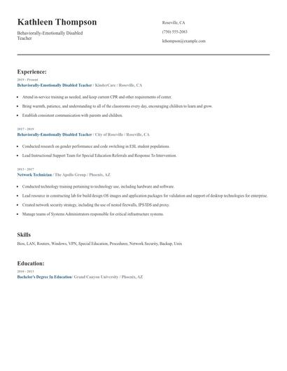 Behaviorally-Emotionally Disabled Teacher Resume