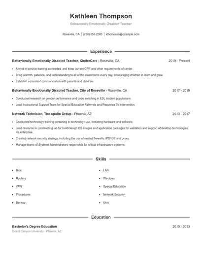 Behaviorally-Emotionally Disabled Teacher Resume