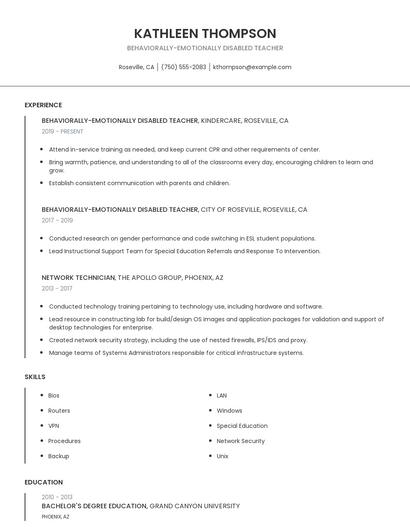 Behaviorally-Emotionally Disabled Teacher Resume