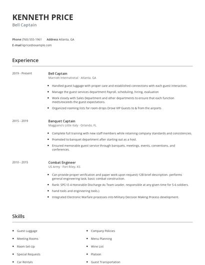 Bell Captain Resume