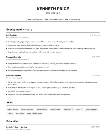 Bell Captain Resume