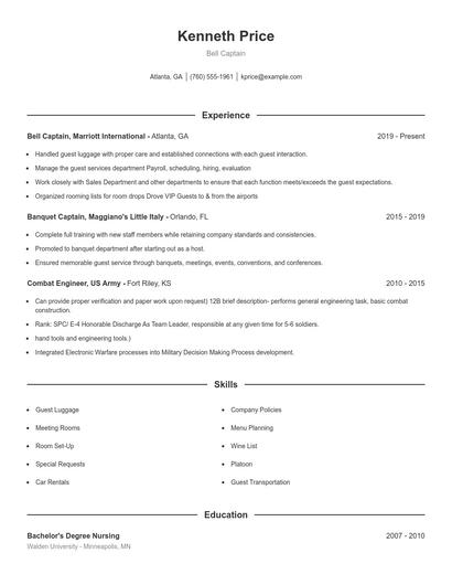 Bell Captain Resume