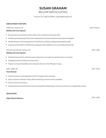Bellhop Service Captain Resume