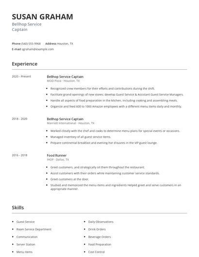 Bellhop Service Captain Resume