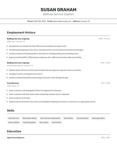 Bellhop Service Captain Resume