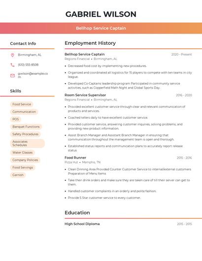 Bellhop Service Captain Resume