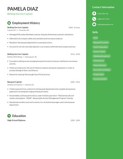 Bellhop Service Captain Resume