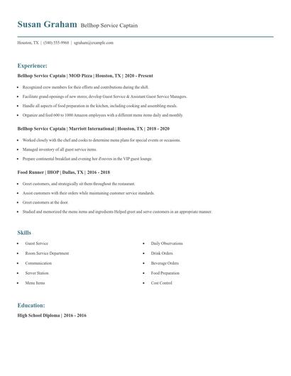 Bellhop Service Captain Resume