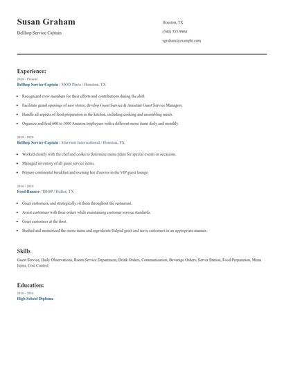 Bellhop Service Captain Resume