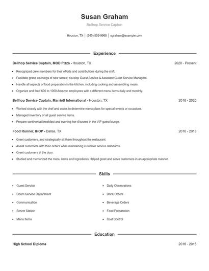 Bellhop Service Captain Resume