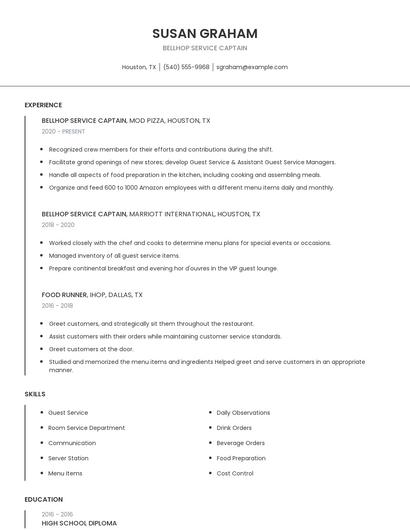 Bellhop Service Captain Resume
