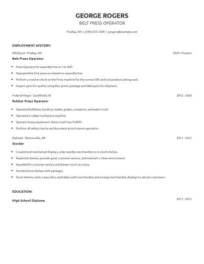 Belt Press Operator Resume