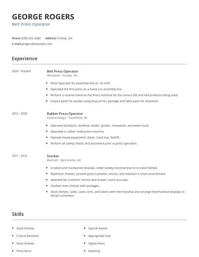 Belt Press Operator Resume