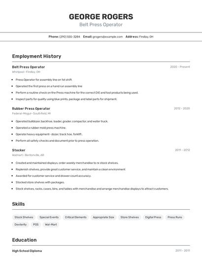Belt Press Operator Resume