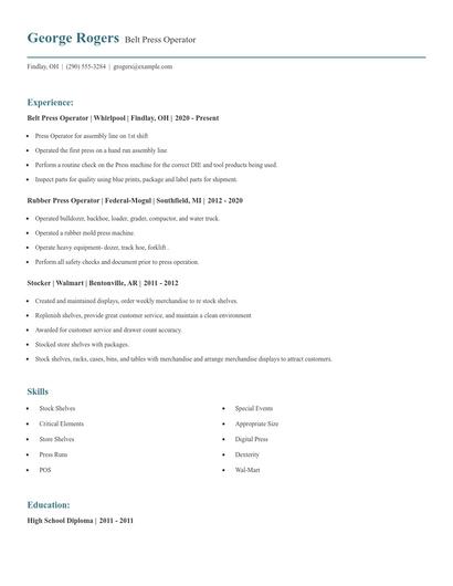 Belt Press Operator Resume