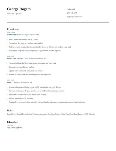 Belt Press Operator Resume