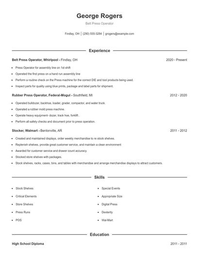 Belt Press Operator Resume