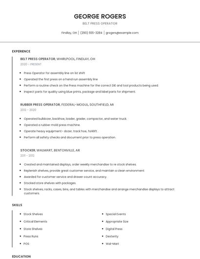 Belt Press Operator Resume
