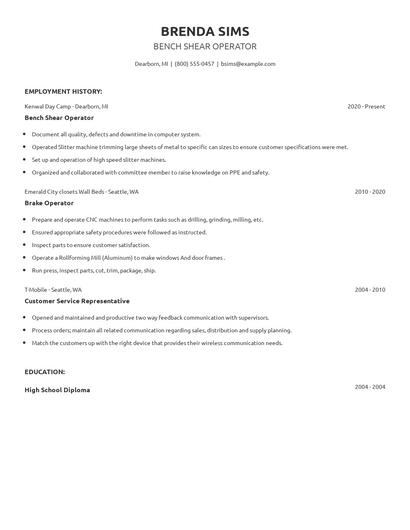 Bench Shear Operator Resume