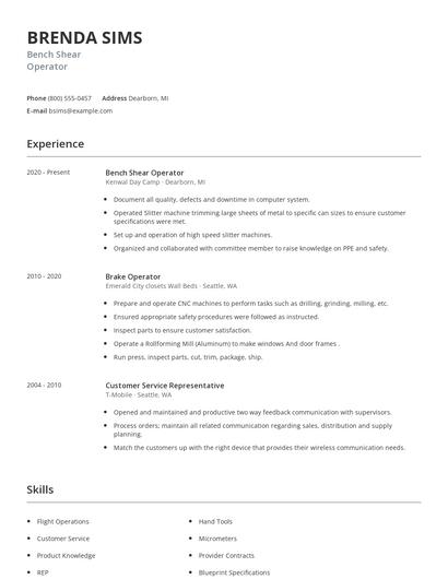Bench Shear Operator Resume