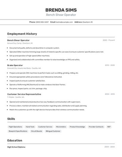Bench Shear Operator Resume