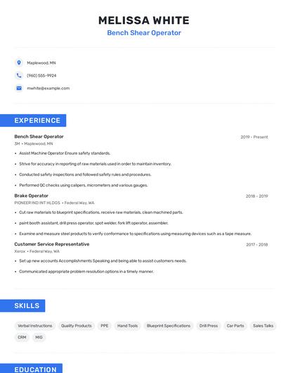 Bench Shear Operator Resume