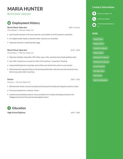 Bench Shear Operator Resume