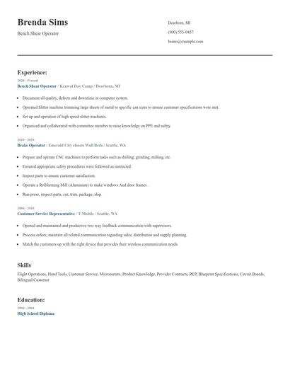 Bench Shear Operator Resume