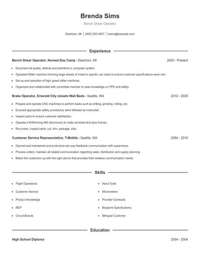 Bench Shear Operator Resume