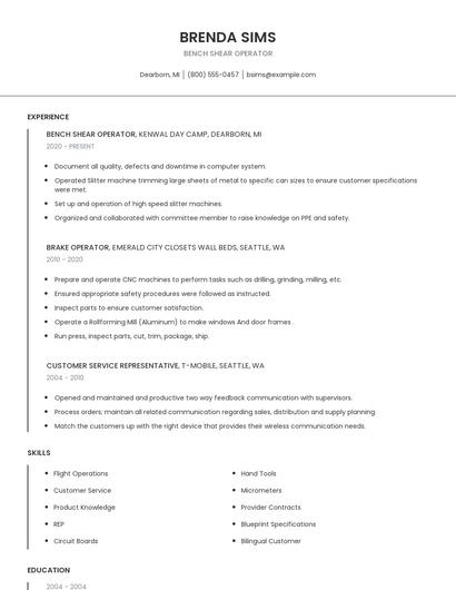 Bench Shear Operator Resume