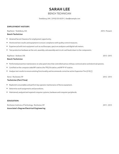 Bench Technician Resume