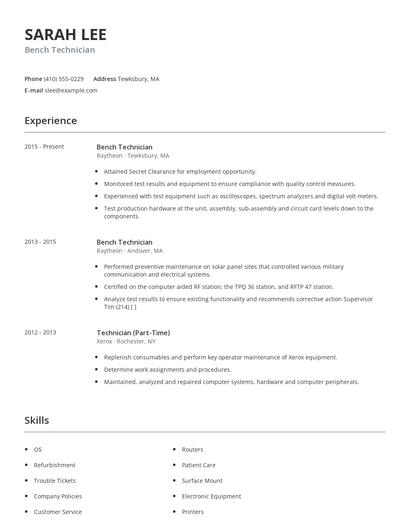 Bench Technician Resume