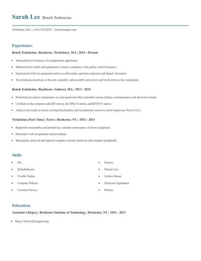 Bench Technician Resume