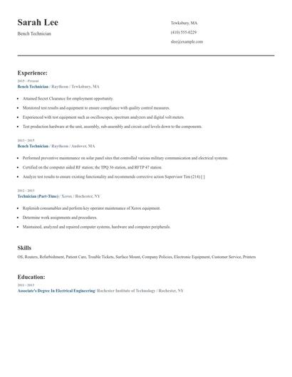 Bench Technician Resume