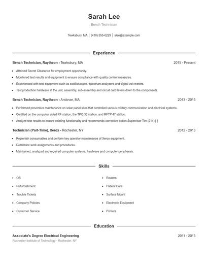Bench Technician Resume