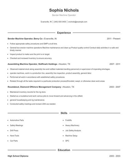Bender Machine Operator Resume