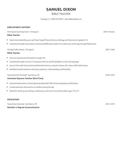 Bible Teacher Resume