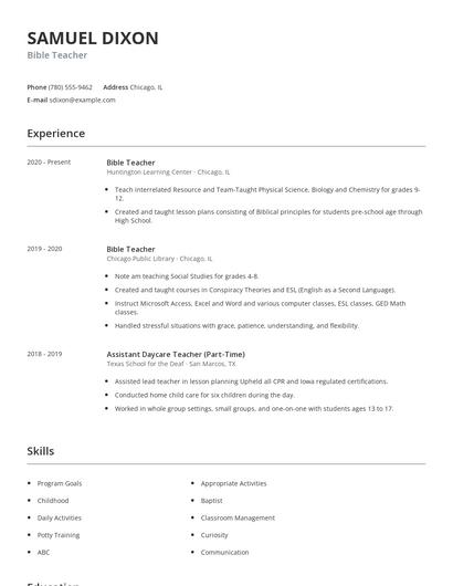 Bible Teacher Resume