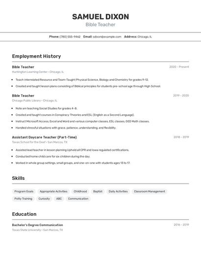 Bible Teacher Resume