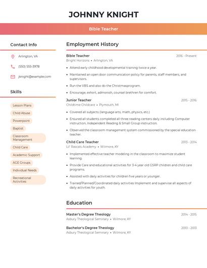 Bible Teacher Resume