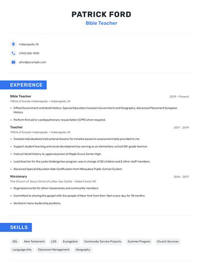 Bible Teacher Resume