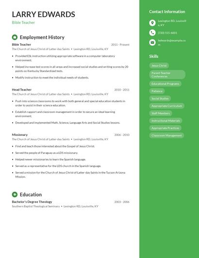 Bible Teacher Resume